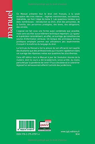 Droit civil: Introduction au droit, personnes, famille, personnes protégées, biens, obligations, sûretés (2020) (Tome 1) Paperback – August 11, 2020 French Edition by Gilles Goubeaux (Author), Pierre Voirin (Author) – Image 2